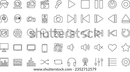multimedia icon set. Vector illustration digital technology icons photo, video, music, audiovisual equipment, and player button in thin line style.