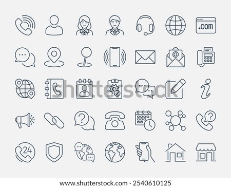 Contact us line icon set. Business card web landing page elements include feedback, customer service, phone, email address.