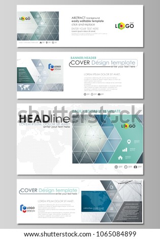 Social media and email headers set, modern banners. Abstract geometric design templates, vector layouts in popular sizes. Genetic and chemical compounds. DNA and neurons. Medicine, chemistry concept.