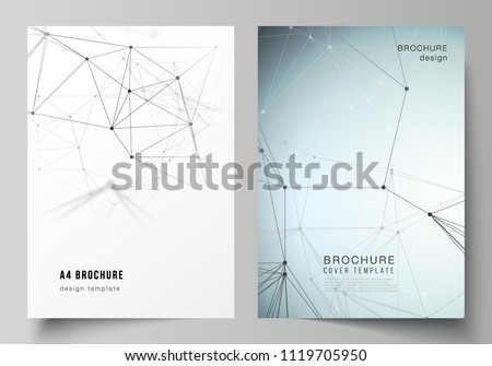 The vector layout of A4 format cover mockups design templates for brochure, flyer, report. Technology, science, medical concept. Molecule structure, connecting lines and dots. Futuristic background