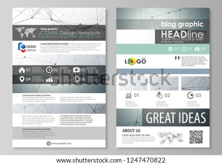 Blog graphic business templates. Page website design template, abstract vector layout. Genetic and chemical compounds. Atom, DNA and neurons. Medicine, chemistry, science concept. Geometric background