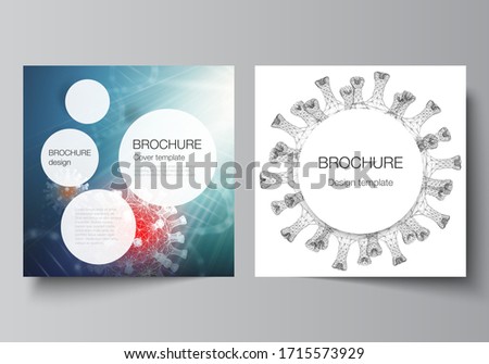 Vector layout of two square cover templates for brochure, magazine, cover design, book design, brochure cover. 3d medical background of corona virus. Covid 19, coronavirus infection. Virus concept.