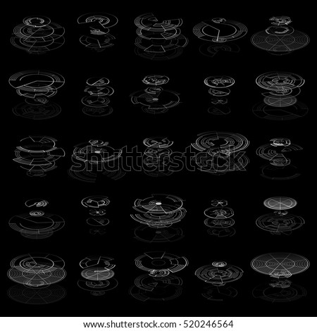 Set of abstract hud elements isolated on black background. High tech, virtual graphic touch element. UI infographic web symbols. Science and technology concept. Futuristic vector