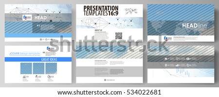 Business templates in HD format for presentation slides. Vector layouts. Blue color abstract infographic background in minimalist design made from lines, symbols, charts, diagrams and other elements.