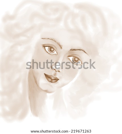 Female face.Drawing of a woman\'s pretty face with blue eyes.