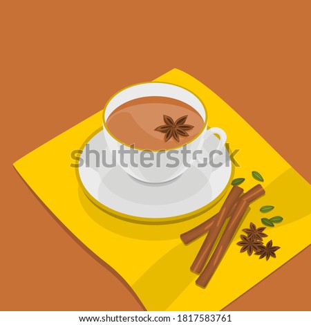 Editable Three-Quarter Top View White Cup of Masala Chai Vector Illustration With Star Anise and Herb Spices on Yellow Napkin for Artwork Element of Beverages With South Asian Culture and Tradition