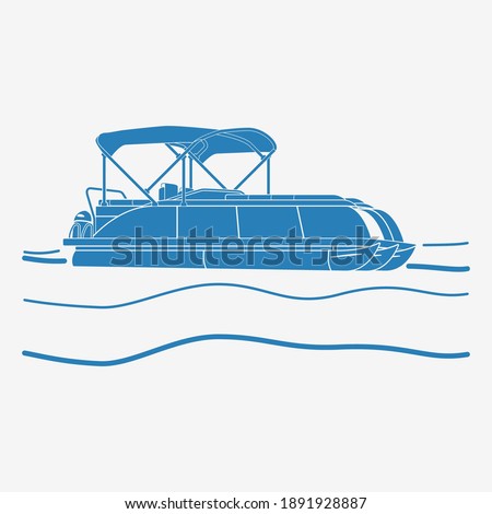 Editable Isolated Flat Monochrome Style Pontoon Boat on Wavy Water Vector Illustration with Blue Color and Semi-Oblique Side View for Artwork Element of Transportation or Recreation Related Design Foto d'archivio © 