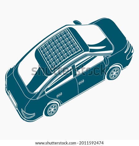 Editable Flat Monochrome Style Three-Quarter Top Oblique Side Back View Electric Car With Solar Panel Vector Illustration for Futuristic Eco-friendly Vehicle and Green Life or Renewable Energy Design