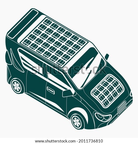 Editable Flat Monochrome Style Isometric-like Three-Quarter Top Oblique Side Front View Electric Car With Solar Panel for Futuristic Eco-friendly Vehicle and Green Life or Renewable Energy Campaign