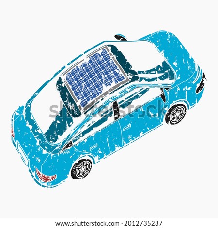 Editable Brush Strokes Style Three-Quarter Top Oblique Side Back View Electric Car With Solar Panel Vector Illustration for Futuristic Eco-friendly Vehicle and Green Life or Renewable Energy Design