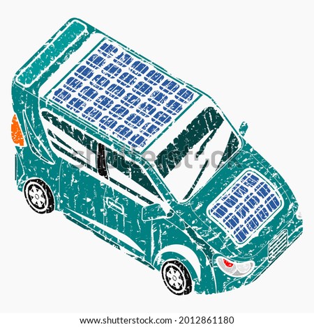 Editable Brush Strokes Style Isometric-like Three-Quarter Top Oblique Side Front View Electric Car With Solar Panel for Futuristic Eco-friendly Vehicle and Green Life or Renewable Energy Campaign