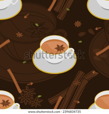 Editable Three-Quarter Top View White Cup Masala Chai with Star Anise Topping and Herb Spices Vector Illustration Seamless Pattern With Dark Background for South Asian Beverages Culture and Tradition