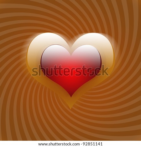 Large golden red heart in the middle on a gold background with sun rays for Valentine's day