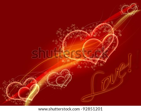 Valentine\'s red background with glossy hearts and colorful strips