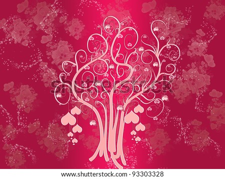 Pink tree of hearts on pink background of hearts and stars