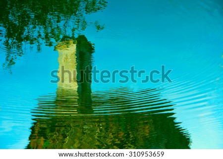 reflection image,reflection in water,chapel on the rock,reflection of chapel on the rock in the water,Circles in the water,blue water,outdoor,park,pond
