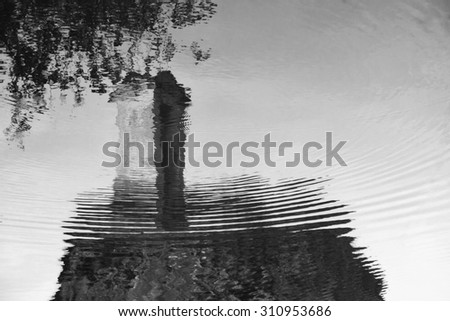 reflection image,reflection in water,chapel on the rock,reflection of chapel on the rock in the water,Circles in the water,outdoor,park,pond