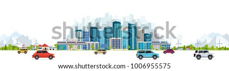 Urban landscape with large modern buildings, skyscrapers and suburb with private houses on a background mountains and hills. Street, highway with cars on white background.