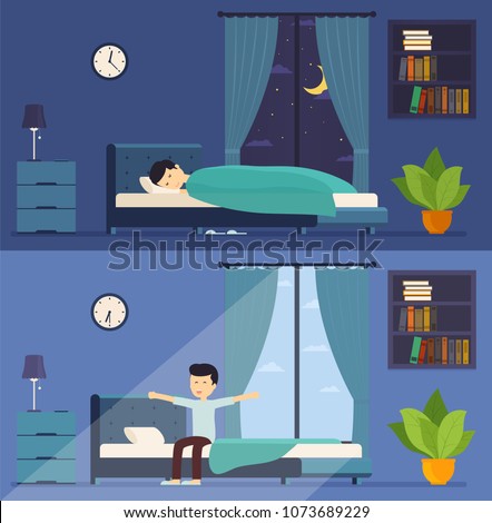 Man sleeps in bed at night and wakes up in the morning. Morning stretching in bed. Room with a window at night and morning.
