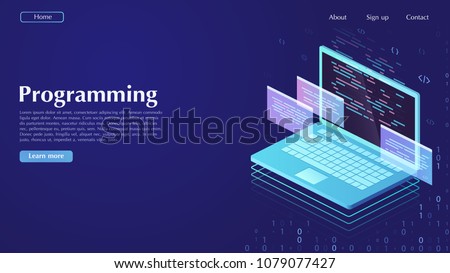 Development and software. Concept of programming, data processing. Computer code with windows on laptop screen.