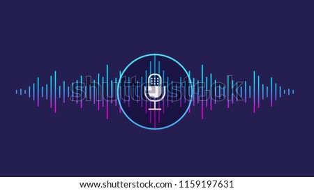 Concept of voice recognition. Sound wave with imitation of voice, sound and microphone icon.
