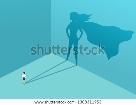 Businesswoman with shadow superhero. Super manager leader in business. Concept of success, quality of leadership, trust, emancipation. Vector illustration Foto d'archivio © 