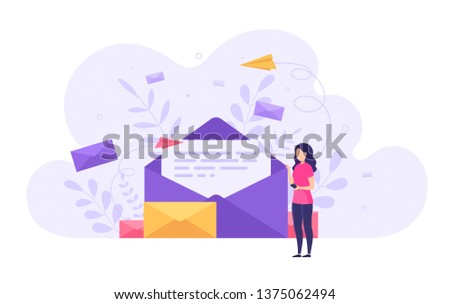 Concept sending and receiving mail messages, social network, chat. Business woman holding smartphone with new incoming email.