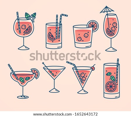 Cocktails collection, alcoholic and non-alcoholic summer drinks with ice cubes of lemon, lime, and mint. Whiskey with ice, tequila, vodka, sambuca, mojito and martini.