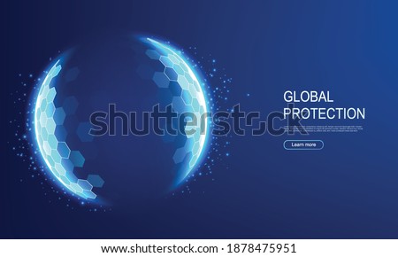 Power protective energy dome, shield on blue background. Inviolable field, protection and safety concept.