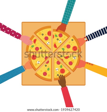 People eating together a huge pizza, top view. Pizza with tomatoes, cheese, mushrooms, olives, sausage, basil. 