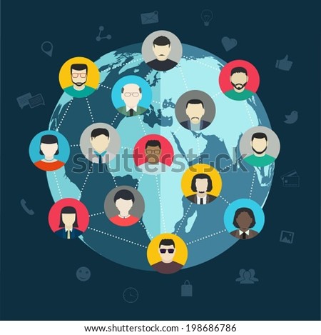 Concept of social networking, Wireless connect people around the world, flat design web and mobile applications