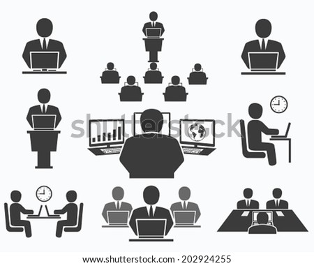 Business people. Office icons, conference, computer work 