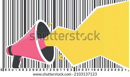 Loudspeaker with yellow text bubble and barcode. Megafon announcement for announcements, promotions, marketing.