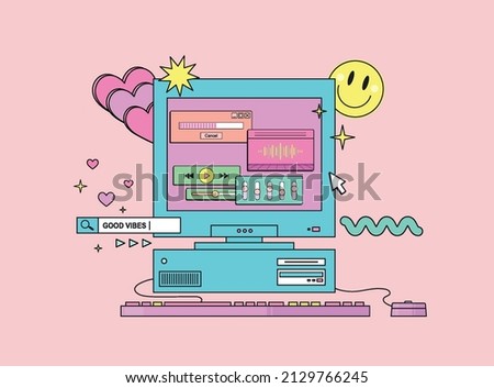 PC with monitor keyboard and mouse in retro style. Computer with musical user interface elements. 商業照片 © 
