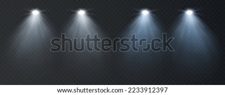 Automotive light, glow transport led spotlight. Glowing white, blue headlight on a transparent dark background.