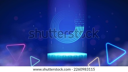 Futuristic cyber scene with neon geometric shapes. Modern stage with moving light lines