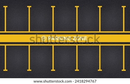 Asphalt surface with parking spaces. Empty city car park with sign, top view.