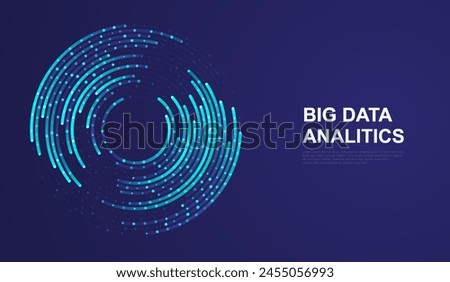 Spiral technology background of circular lines and dot connections. Abstract circle of glowing particles, big data transmission, internet network.
