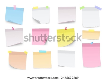 Paper notes with curved corners. Blank sticky sheets of paper, notepad, reminders, information board with messages.