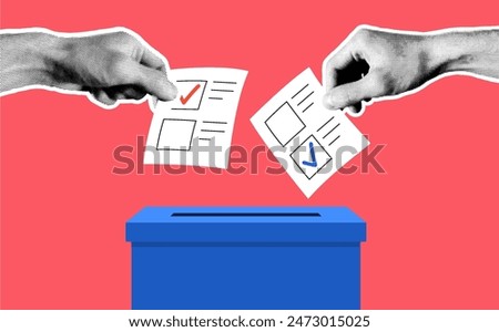 Hand with ballot papers and ballot box. Trendy vintage halftone election event banner.