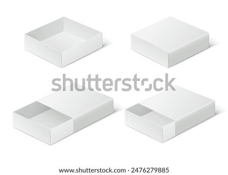 Closed, open empty cardboard box slider. White gift packaging mockup on a white background.