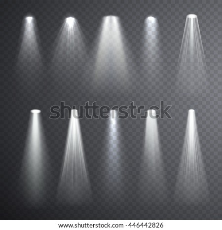 Bright white light beam. Glowing light effects isolated on checkered transparent background. Set of spotlights lighting Сток-фото © 