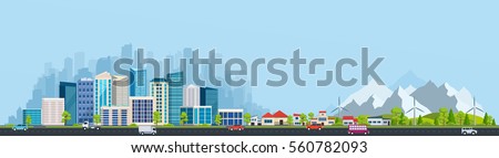 Urban landscape with large modern buildings and suburb with private houses on a background mountains and hills. Street, highway with cars. Concept city and suburban life.