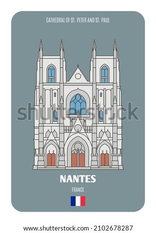 Cathedral of St. Peter and St. Paul in Nantes, France. Architectural symbols of European cities. Colorful vector 