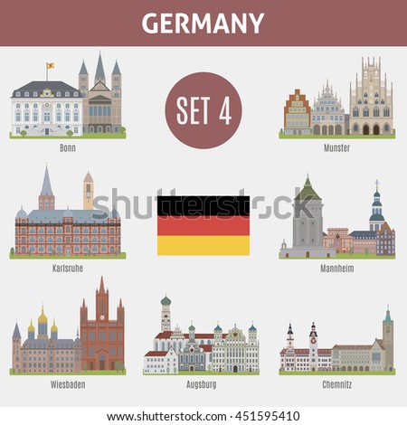 Famous Places cities in Germany. Bonn, Munster, Karlsruhe, Mannheim, Wiesbaden, Augsburg and Chemnitz. Set 4