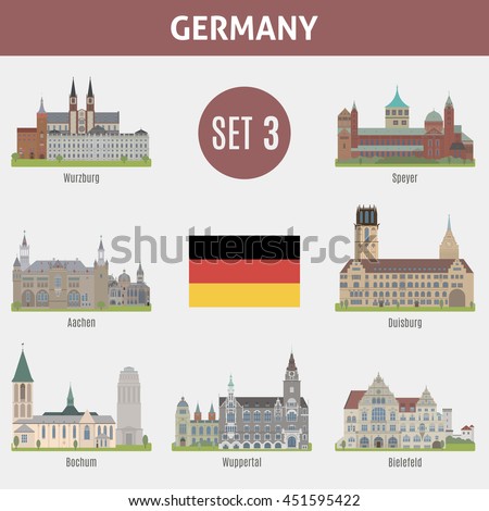 Famous Places cities in Germany. Wurzburg, Speyer, Aachen, Duisburg, Bochum, Wuppertal and  Bielefeld. Set 3