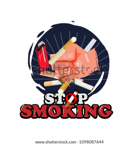 hand punching cigarette to avoid smoking. stop smoking concept - vector illustration