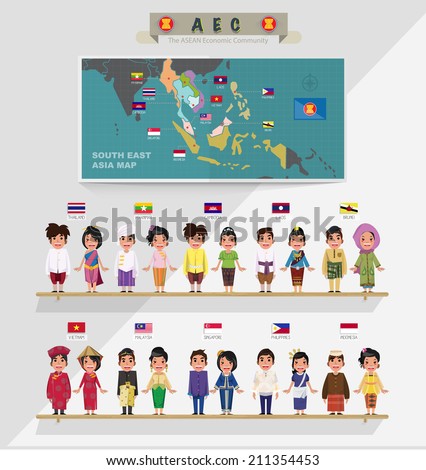 ASEAN boys and girls in traditional costume with flag. map of asean. south east asia - vector illustration