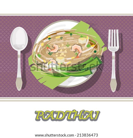 Thai food Pad thai , Stir fry noodles with shrimp on banana leaf. thai noodle style on luxury plate with fork and spoon.tablecloth - vector illustration