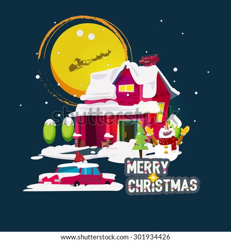 house with snow in fullmoon night. merry christmas concept - vector illustration